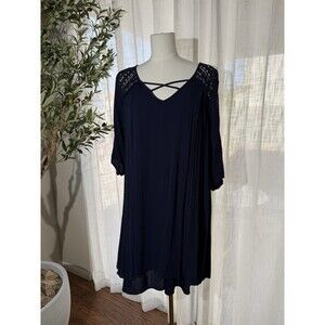 NAÏF Women Plus Size 3X Navy Blue Rayon Dress Crochet Lace Sholder Criss Cross